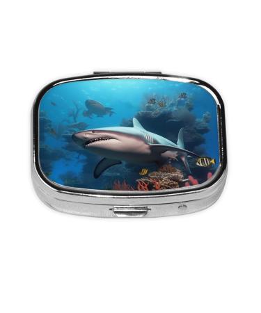 Submarine Shark Coral Printing 2 Compartment Small Pill Case Cute Small Pill Box Purse Pill Boxs Travel Pill Organizer for Pocket Purse and Travel Gifts