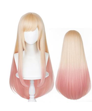 LABEAUT  Long Blonde Pink Wig for Girls Women Cosplay Wig Anime Straight Hair with Bangs for Halloween Party with Cap (Ombre Blonde Pink)