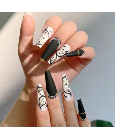 Bufenia Coffin Butterfly Fake Nails | Leopard French Ballerina Full Cover Matte Press-On Nails for Women & Girls - Buy Online on GoSupps.com