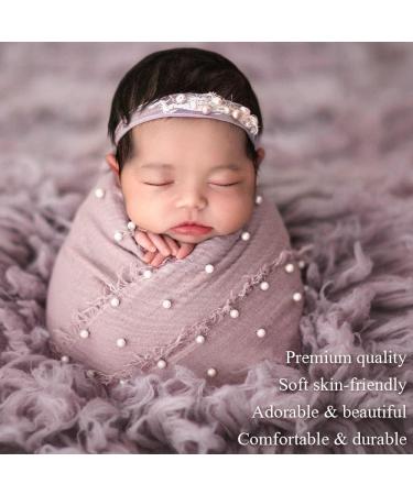 Newborn Photography Props Bundle: 4 PCS Handmade Knit Wrap Blankets Swaddle with Pearl Decor & Headbands - Snow Powder/Purple Gray - Buy Online on GoSupps.com