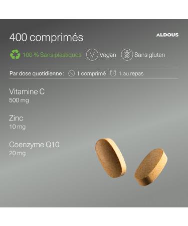 Vitamine C + Zinc - 400 Comprim s - 500mg de Vitamine C + 10mg de Zinc + 20mg de Q10 par dose journali re - Vitamines pour la fatigue l' puisement le syst me immunitaire et la d fense - ALDOUS - Buy Online on GoSupps.com