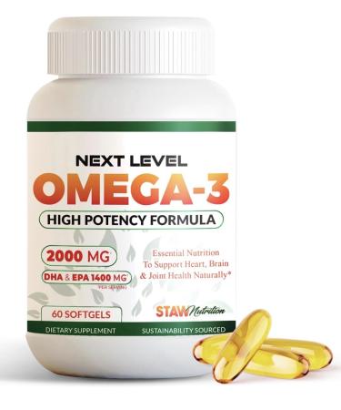 STAW Nutrition Next Level Omega 3 Fish Oil 2000mg High Potency Formula 60 Softgels
