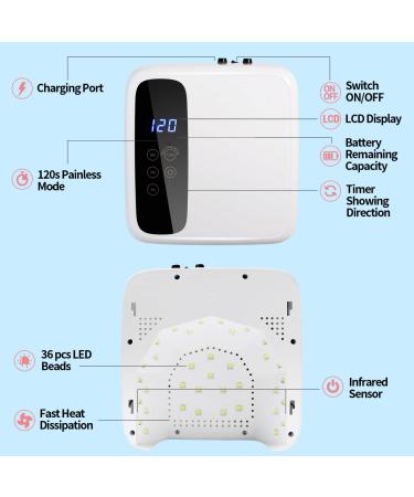 BETE Cordless 72W Rechargeable LED Nail Lamp with LCD Display - Wireless Nail Dryer for Gel Polish - Portable UV LED Nail Light with 4 Timer Settings - Professional White - Buy Online on GoSupps.com