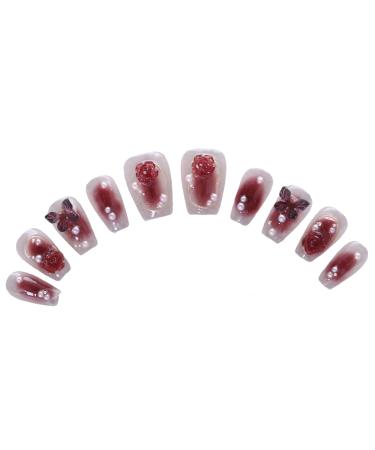 PN-019 Press-On Nails Hand Nails Polished 10 Pieces Reusable Artificial Nails Rose Butterfly Rhinestone Glitter Pink Red