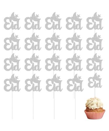 Eid Mubarak Cupcake Toppers 20pcs Glitter Star Moon Eid Cupcake Toppers Eid Mubarak Cake Topper for Eid Party Muffin Cake Decor Silver