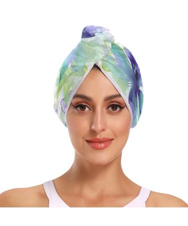 Floral Pattern in Purple Hair Towel 2 Pack Super Absorbent Hair Drying Towel Quick Dry Hair Turbans Head Towel with Button Twisty Wrap for Women Girls
