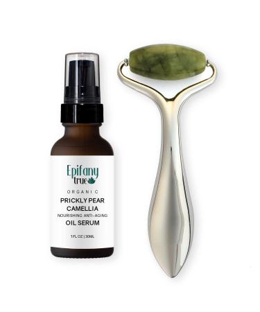 Organic Prickly Pear & Camellia Face Oil Serum 30mL and Natural Jade Face Roller Gift Set | Vitamin E Rich | Intensely Moisturizing for Dry Skin | Men & Women
