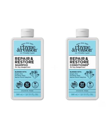 Rhyme & Reason Repair and Restore Shampoo & Conditioner Combo. 13 Fl. Oz. Each bottle. For Dry Damaged Hair. Hydrate Repair. Vegan Cruelty Free. Clear