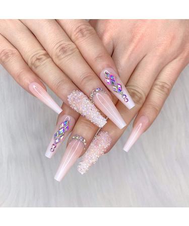Artquee 24pcs French Nude White Ballerina Flash Diamond Crystal Long Glossy Coffin Flash Fake Nails Press on Nail False Tips Manicure for Women and Girls Z04