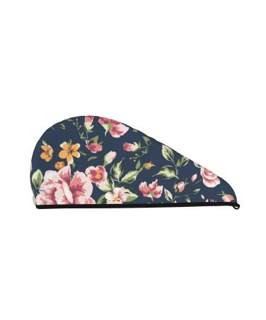 Microfiber Hair Drying Cap Vintage Floral Hair Towel Cap Soft Absorbent Hair Towel Towel Wrap with Button Quick Dry Fast Drying Hair Capsfor Curly Long & Thick Hair