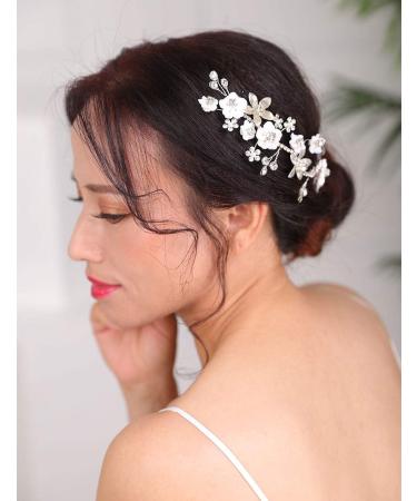 Deniferymakeup Silver Bridal Hair Piece Pearl Hair Vine Wedding Floral Hair Piece Women Leaf and Flower Headband Rhinestones Wedding Hair Accessories - Buy Online on GoSupps.com