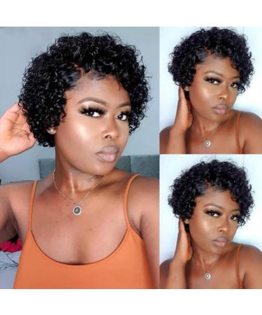 Pixie Cut Wig Short Curly Human Hair Wigs 4X4 Lace Closure T Part Wave Wet and Wavy Wig Jerry Curly Wig with Natural Hairline for Black Women T Lace Short Curly Wig 6 Inch