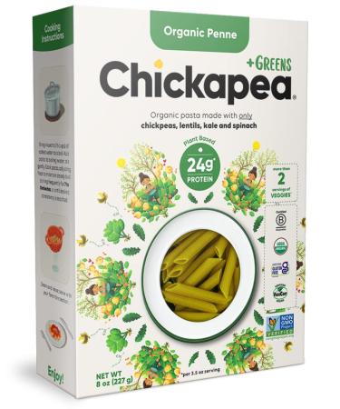 Chickpea Pasta with Greens High Protein Organic Penne by Chickapea Lentil Kale and Spinach Pasta Gluten Free Plant Based Non GMO Lower Carb Vegan Pasta 8 oz (Pack of 6) Penne 8 Ounce (Pack of 6)