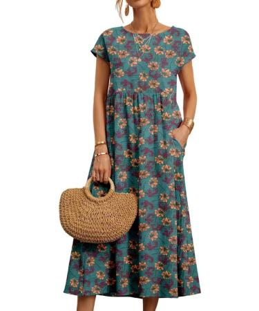 Women's Summer Cotton Linen Floral Printed Short Sleeve Dress Crew Neck Loose Casual Beach Dresses with Pockets 04 Medium - Buy Online on GoSupps.com