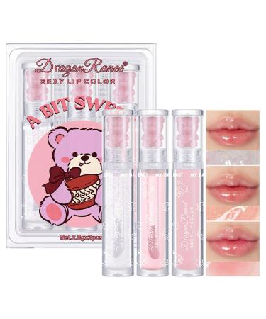 3Pcs Jelly Gloss Lipstick Cute Bear Lip Glaze Waterproof Moisturizing Shimmering Lip Stain Plumping Water Liquid Lip Gloss Long Lasting Juicy Color Lip Tint Cosmetics Beauty Makeup Set A