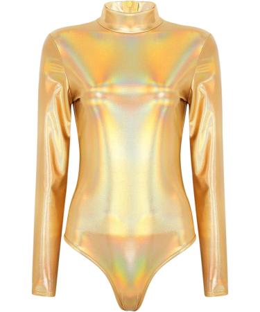 Elegant Women's Metallic Ballet Jersey Dance Body Suit - Long Sleeve Shiny Gymnastics Wear - Buy Online on GoSupps.com