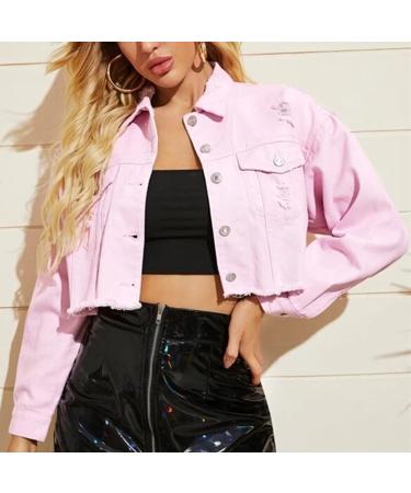 Buy Haiorziyou Women's Cropped Denim Jacket - Light Wash Plus Sizes Stylish Blouse with Revers Button & Distressed Design - XS Pink - Buy Online on GoSupps.com