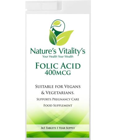 Nature's Vitality's Folic Acid 400mcg 365 Tablets 1 Year Supply Suitable for Vegans & Vegetarians Supports Normal Maternal Tissue Growth During Pregnancy Prenatal & Conception.