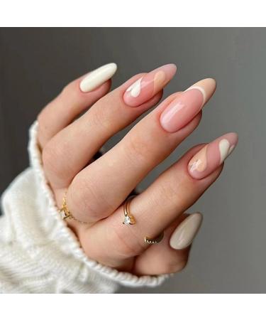 JUSTOTRY 24 Pcs Pale Orange Heart Short False Nails Stiletto Beige French Press on Nails Pattern Fake Nails Short with Nail Glue Almond Medium Stick on Nails for Women Nails Fake Nail for Nails Art Beige&heart 1