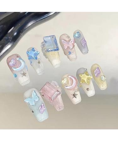 Long manicure patches handcrafted wearing nails cute moon and star fake nails(M)