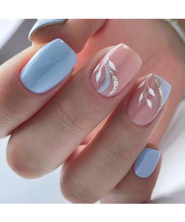Square Short Press on Nails Blue Fake Nails French Tip Acrylic Nails Summer with Blue and Gold Curve White Leaves Designs Cute Artificial Nails for Women and Girls 24Pcs St42