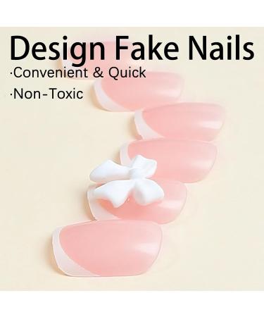 French Tip Press on Nails - Glossy White Square Fake Nails with 3D Bow Charm - Reusable Acrylic Manicure - 24 Pcs - Buy Online on GoSupps.com
