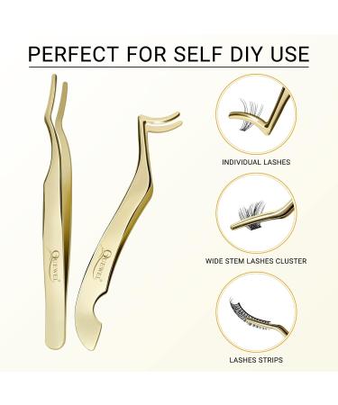 QUEWEL Eyelash Applicator Tool - 2 Stainless Steel Cluster Tweezers for Individual Eyelashes | DIY Curved Eyelash Tweezers | Golden Eyelash Applicator for Perfect Lash Application - Buy Online on GoSupps.com