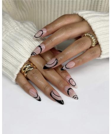 Sethexy Almond Shape False Nails 24st Swirl Acrylic Press-On Nails for Women & Girls in Black - Buy Online on GoSupps.com