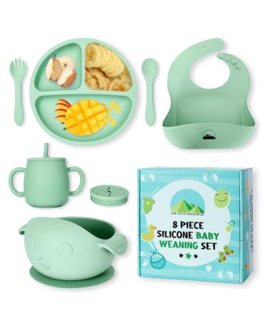 Little Chiltern Co Baby Weaning Set - 8 Pcs Silicone Baby Feeding Set with Adjustable Bib Suction Bowl & Plate Cup Fork & Spoon - Microwave & Dishwasher Safe - Self Eating Utensil Set - Green