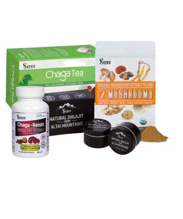 Chaga Mix Supplements - Shilajit Resin (30 g) 7 Mushroom Extract Powder Chaga Extract + Reishi Extract Capsules (90 Capsules) Chaga Mushroom Tea (20 Bags)