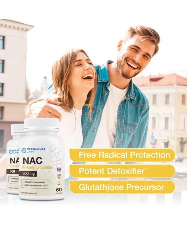 Puregen Labs N-Acetyl-L-Cysteine (NAC) 600mg - Immune & Liver Support Antioxidant 60 Vegetarian Capsules - Buy Online on GoSupps.com