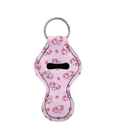 Poceacles Women's and Girls' Keychain - Lipstick - Glossy Lip Balm - Neoprene Pouch - Wrist Strap Strawberry Pink Cow