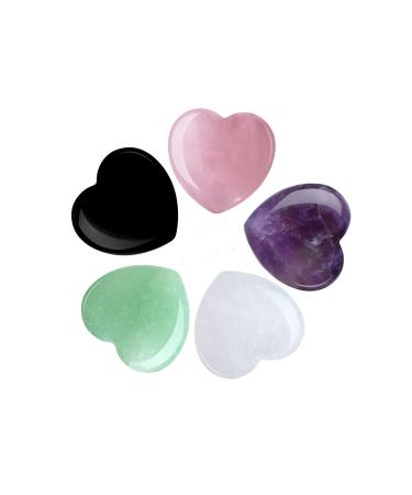 YATOJUZI 5PCS Natural Heart Healing Crystals Rose Quartz Amethyst Heart Love Stones Set Bulk Polished Pocket Palm Thumb Gemstones Chakra Reiki Balancing 5PCS-Mix Stones