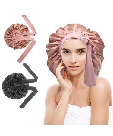 Large Silk Bonnet Satin Bonnet Hair Bonnet with Tie Band 2 PCS Black Pink Silk Sleep Bonnet for Black Women Curly Natural Hair