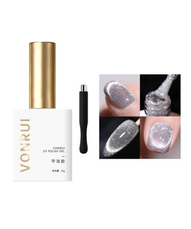 Silver Laser Glitter Gel Nail Polish Silver Holographic Cat Eye Gel Nail Polish Sparkling Glitter Cat Magnetic Eye Gel Polish Soak Off LED Reflective Gel Nail Polish