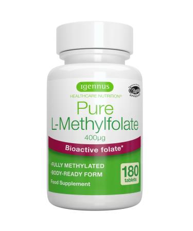 Pure Methyl Folate 400 mcg 180 Tablets Clean Label & Vegan Methylated Form of Folic Acid 5-MTHF (Vitamin B9) Suitable for Pregnancy One-a-Day by Igennus