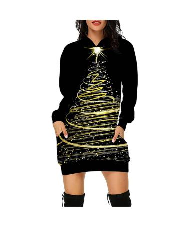 Yihaojia Christmas Sweatshirt for Women Mini Hoodies Dress Cute Snowman Print Loose Xmas Christmas Dress with Pocket Thin Black#217 Medium