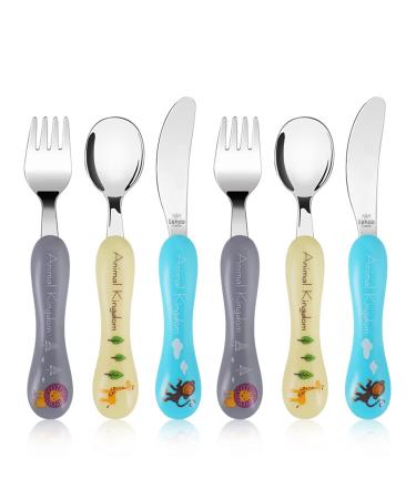 Lehoo Castle Children's Cutlery Set 6pcs Stainless Steel Toddler Cutlery Kids Cutlery Flatware Incudes 2 x Spoons 2 x Forks 2 x Knives Grey/Yellow/Blue