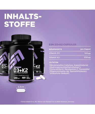 ESN Vitamin D3 + K2 - 240 Vegan Capsules for Immune Support Bone Health & Blood Production - Tested Quality Made in Germany - Buy Online on GoSupps.com