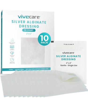 ViveCare Silver Calcium Alginate Wound Dressing - Sterile 2x2 Medical Gauze Pad - Wound Care for Burns Cysts and Ulcer Treatment - Highly Absorbent Individual Patch - Non-Stick Padding