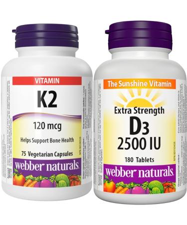 Webber Naturals Vitamin K2 120 mcg 75 Capsules MK-7 Formula Helps Support Bones Vegan & Vitamin D3 2500 IU Extra Strength 180 Tablets For Healthy Bones Teeth Vitamin+ Vitamin D3