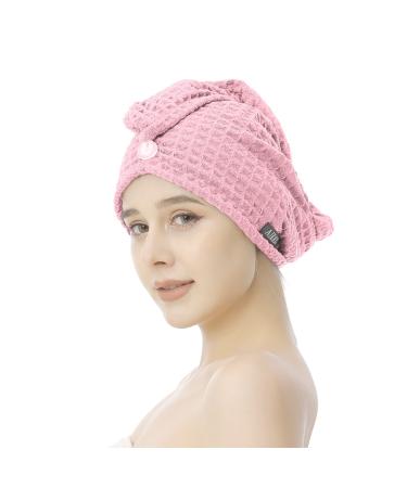 AIKAOS Microfiber Hair Towel Wrap for Women and Men 2 Button-Loop Closure Super Absorbent Quick Hair Drying Waffle Weave Towels for Drying Curly  Long Thick Hair((Pink))