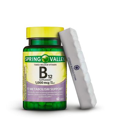 Spring Valley B12 1000 mcg Timed-Release Tablets Dietary Supplement Vitamin B12 1000 mcg 60 Count + 7 Day Pill Organizer Included (Pack of 1)