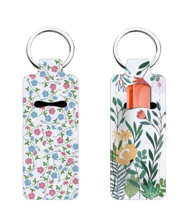 FREEBLOSS 2Pcs Chapstick Holder Keychain 1.5x3.8'' Lip Balm Holder Keychain Lightweight Lipstick Sleeve Pouch with Plants and Floral Pattern for Women Girls Green and White