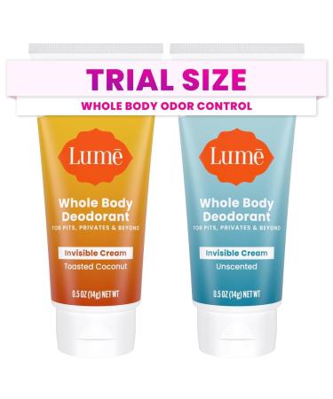 Lume Whole Body Deodorant - Mini Travel Size Invisible Cream Tube - Trial Size - 72 Hour Odor Control - Doctor Developed - Aluminum and Baking Soda Free - .5oz (Pack of 2)(Toasted Coconut & Unscented)