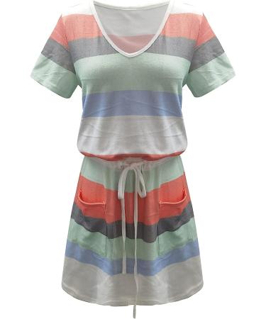 Maqroz Women's Striped Knee Length Dress - Short Sleeve Casual Mini Beach Dress with Drawstring Waist and Pocket - Mint Green (Small) - Buy Online on GoSupps.com