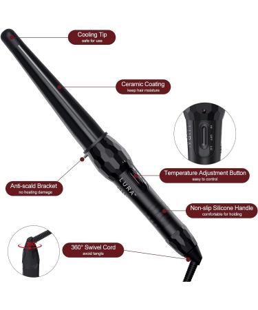 LURA Ceramic Tourmaline Coating Curling Wand 3/4-1 1/4 Inch - Black Curler with 2 Heat Settings - Suitable for All Hair Types - Buy Online on GoSupps.com