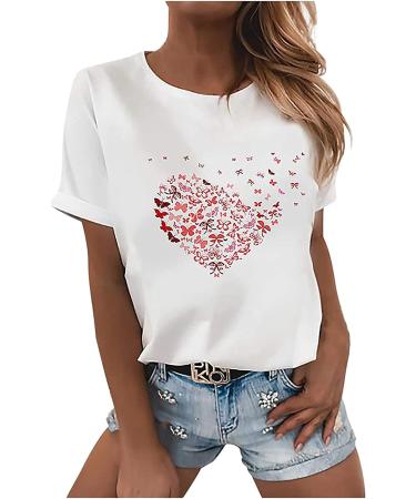 Women's White Butterfly Print Short Sleeve Blouse - Cute Graphic Crew Neck Tee - Buy Online on GoSupps.com