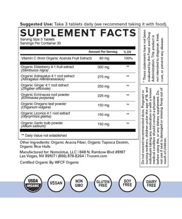 Truvani Immune Support: Organic Herbal Supplement with 8 Natural Ingredients - Ginger, Elderberry, Acerola Cherry - 30 Day Supply - Buy Online on GoSupps.com
