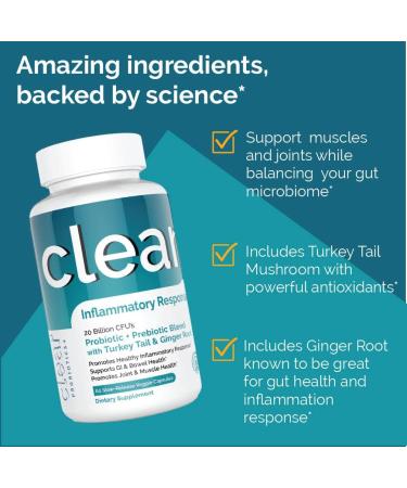 Clear Probiotics Inflammatory Support Supplement - Gut Health - Body Aches Relief - Antioxidants - Turkey Tail & Ginger Root - 60 capsules - Buy Online on GoSupps.com